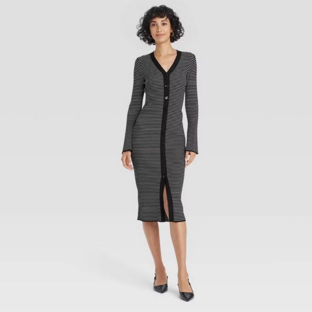 Women's Bell Long Sleeve Midi Sweater Dress - A New Day Black Striped M